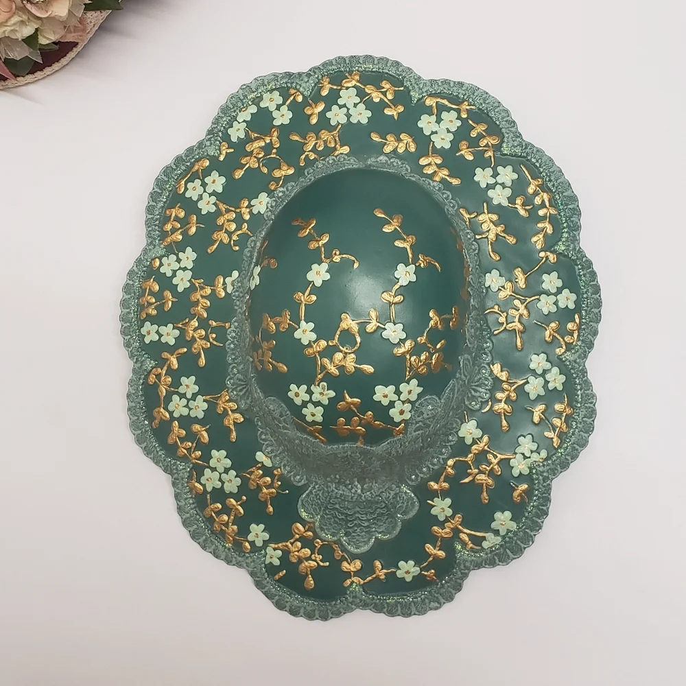 Ceramic Hand Painted Green & Gold Floral Ladies Hat Wall Hanging Artist Signed